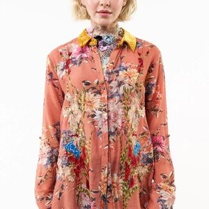 Aratta Silent Journey Gardenia Floral Button-Up Blouse with Velvet Collar